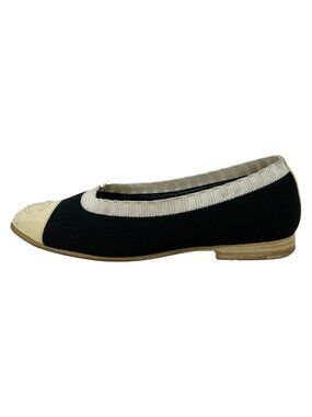Chanel Flat Shoes Black White Ivory Knit CC Logo Leather